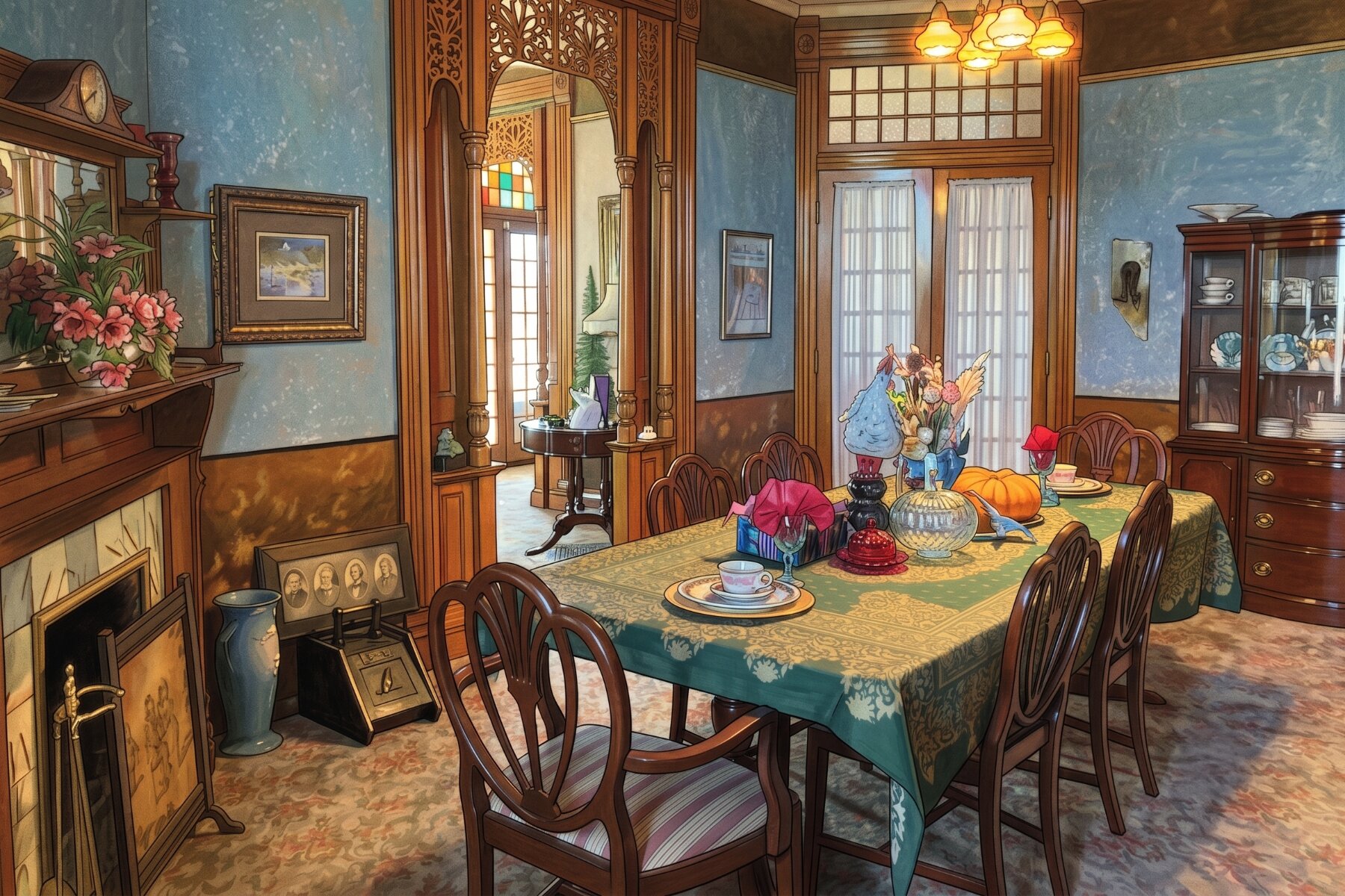 Formal dining room with blue walls, fireplace, and a table set for guests