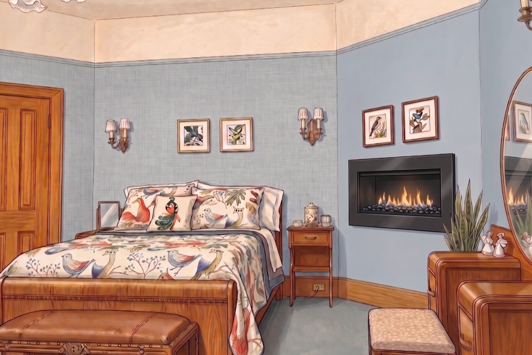 Heritage Suite bed with bird-patterned bedding beside a lit fireplace and wood vanity