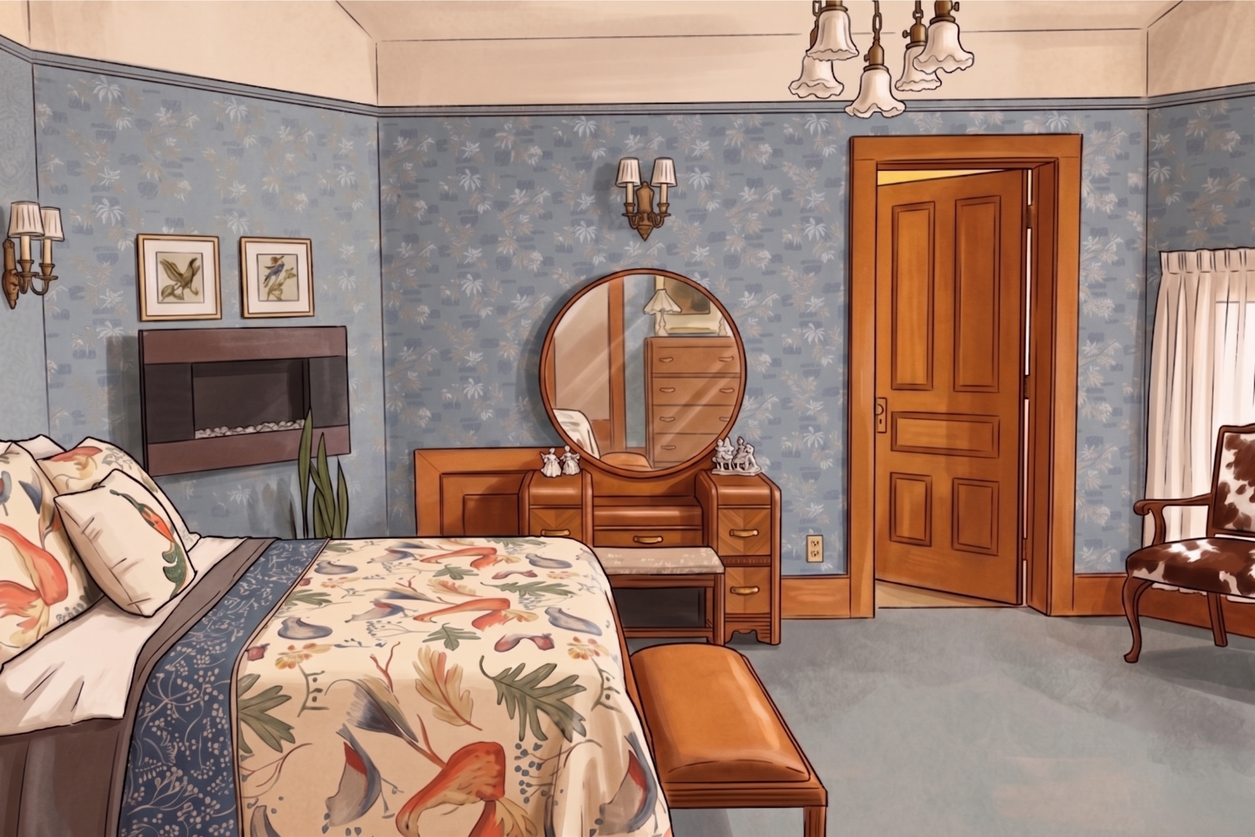Heritage Suite with blue walls, patterned bird bedding, Victorian wood furniture, and a fireplace