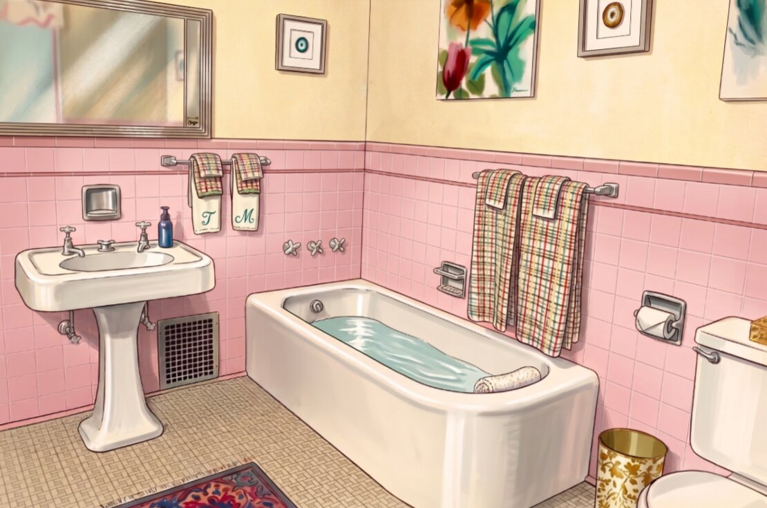 Heritage Suite bathroom with pink tile, a deep bathtub, pedestal sink, and patterned towels