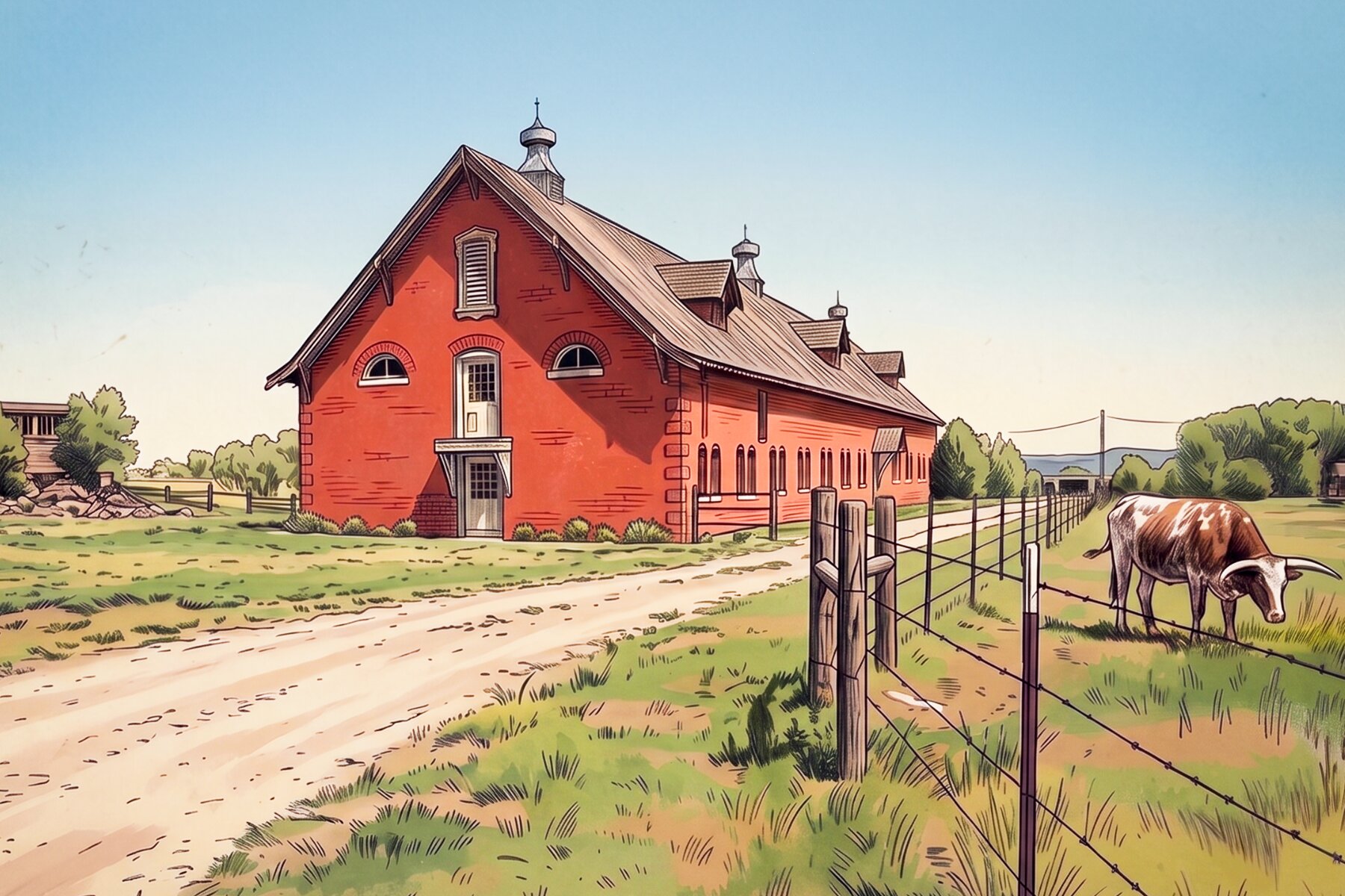 Illustrated red barn and longhorn ranchland at Aunt TM's Home on the Range