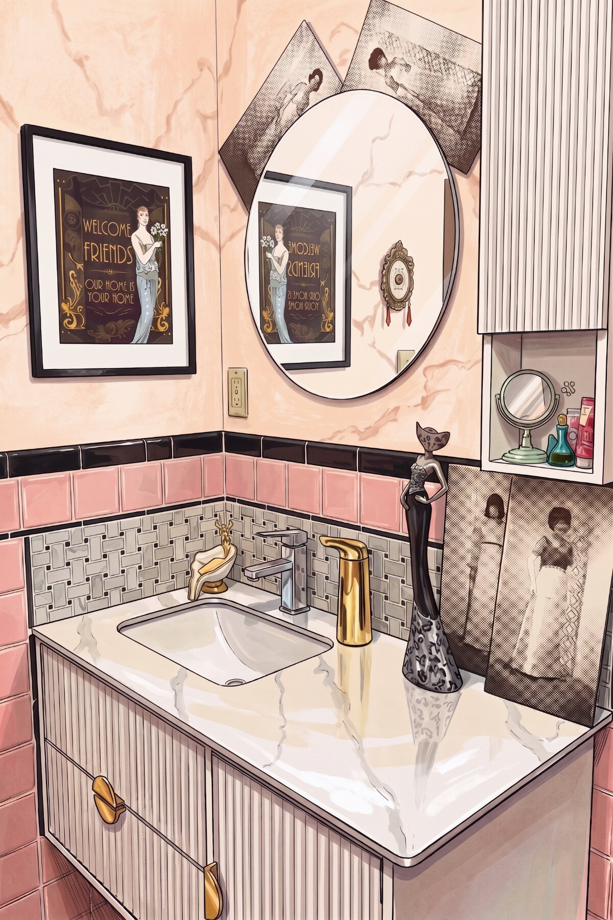 Shared heritage bath vanity with pink tile, round mirror, and vintage details