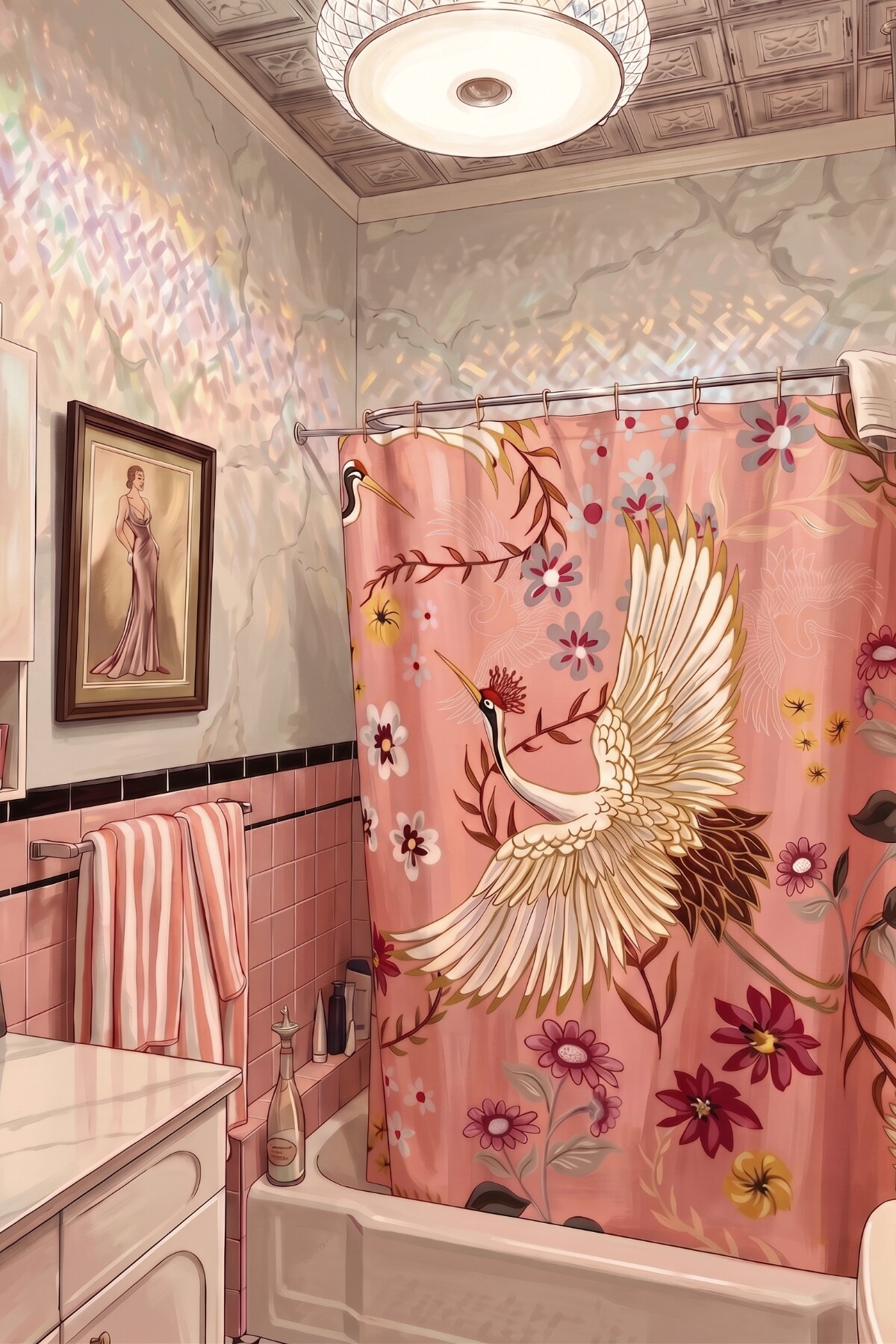 Shared heritage bath with pink tile and a crane-patterned shower curtain