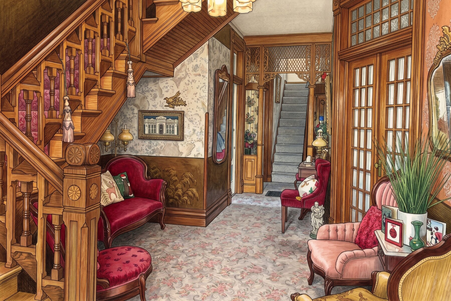 Victorian entrance hall with carved staircase, patterned rug, and collected seating