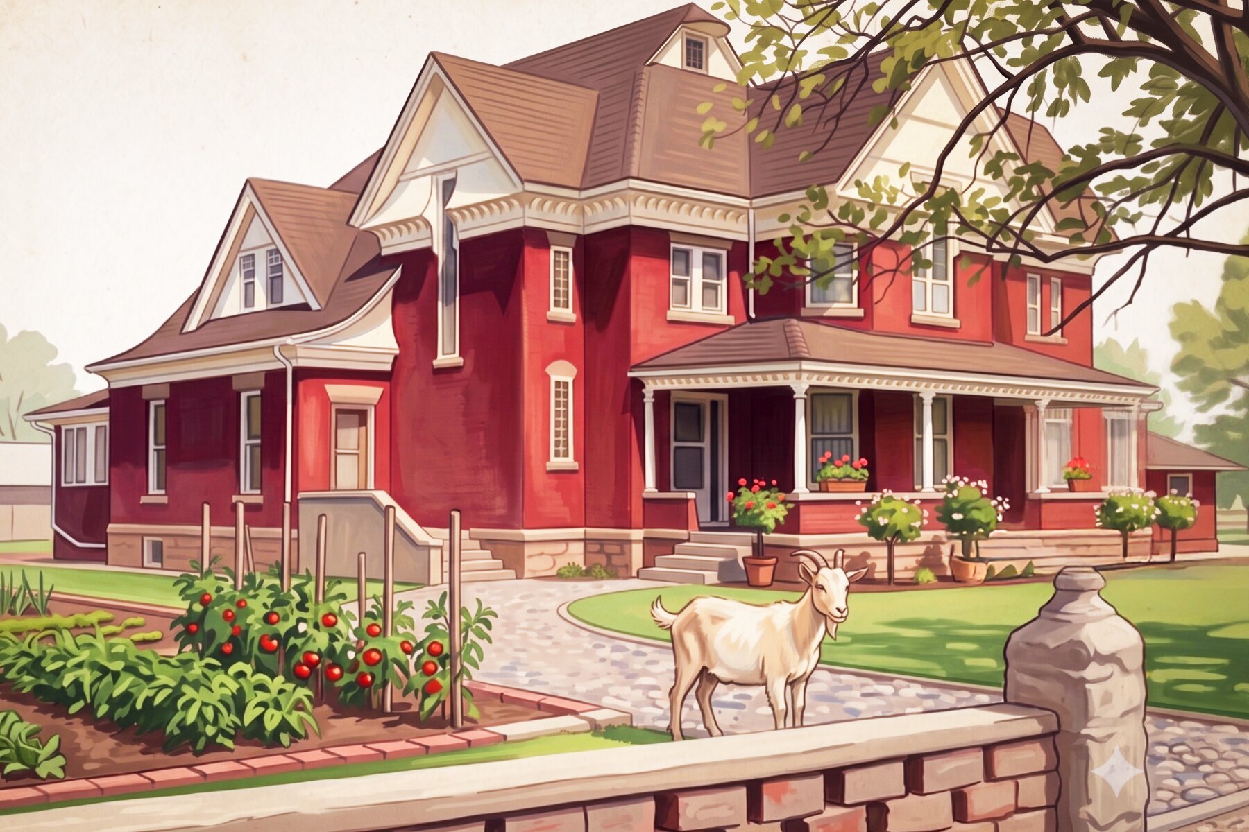Illustrated front exterior of Aunt TM's restored Victorian farmhouse